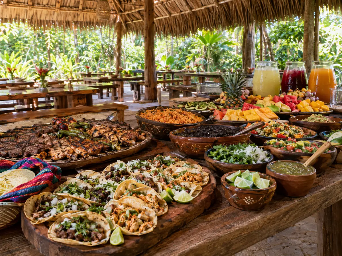 Mexican buffet lunch under a thatched palapa roof in the jungle