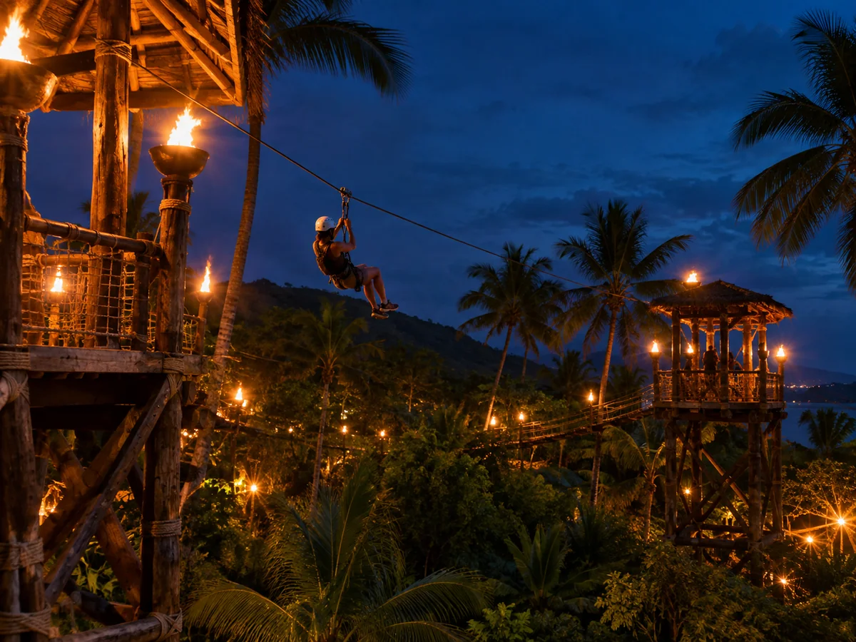 Zipline rider between torch-lit wooden towers in the jungle at night