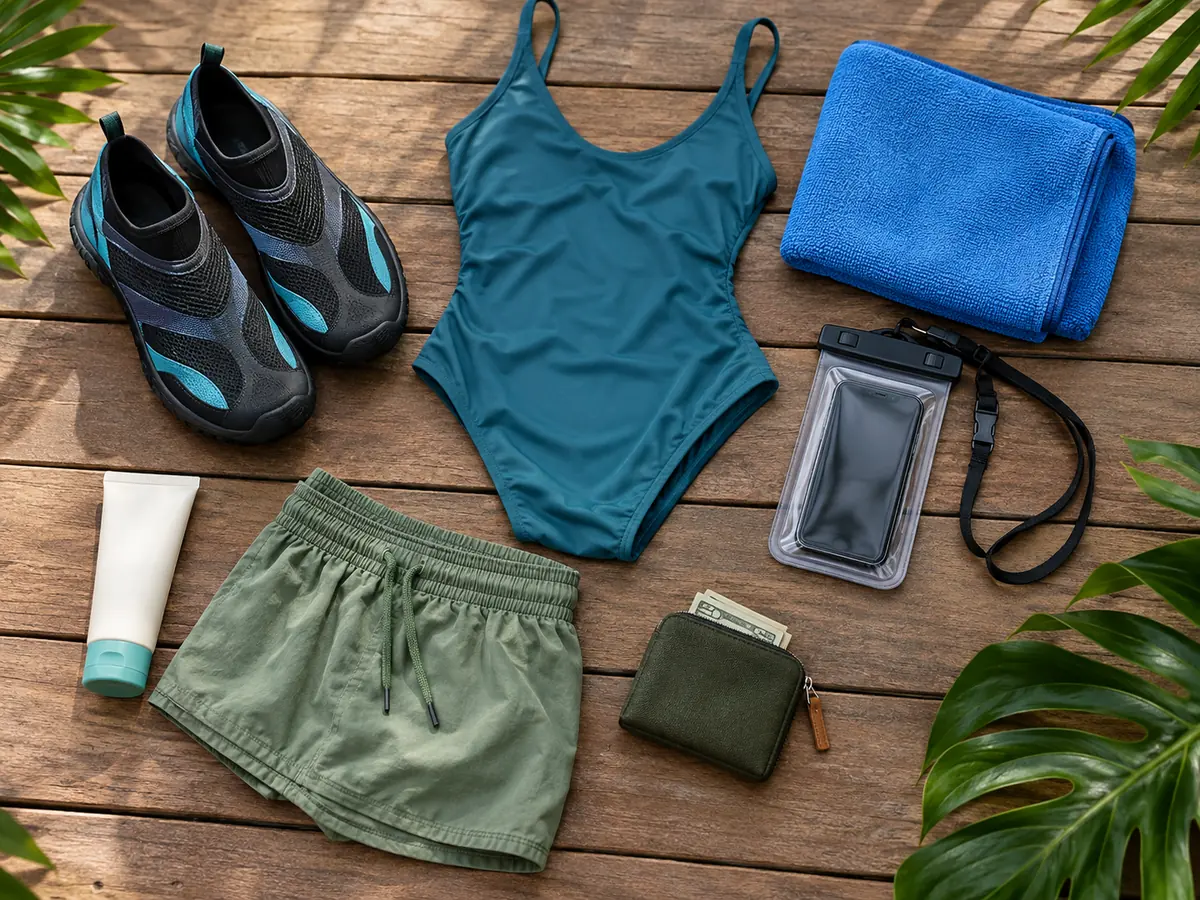 Water shoes, swimsuit, towel, phone pouch and sunscreen laid out on a wooden deck